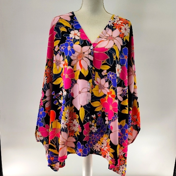 Entro Floral Print Blouse 1X Button Down V Neck Relaxed Oversized Multicolor - Picture 1 of 6